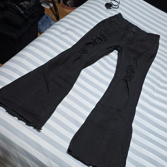 None Pants - Black Distressed Flared Jeans